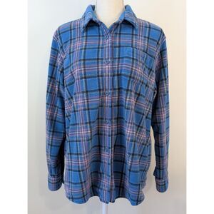 LL Bean Womens 100% Fleece Shirt Medium Button Up Plaid Blue Purple Pocket Cabin